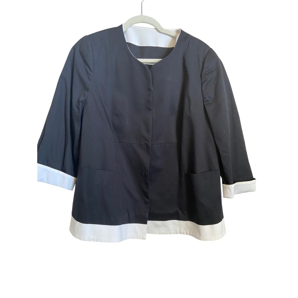 Marina Rinaldi Black White Contrast‎ Collar 3/4 Sleeve Jacket Blazer US Size 14